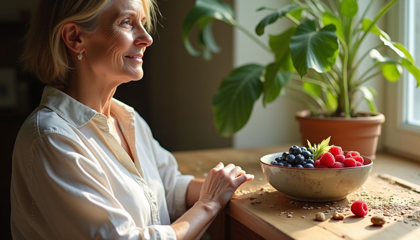 A woman enjoys a colorful breakfast made with whole grains, fruit, and yogurt. A woman enjoys a colorful breakfast made with whole grains, fruit, and yogurt.