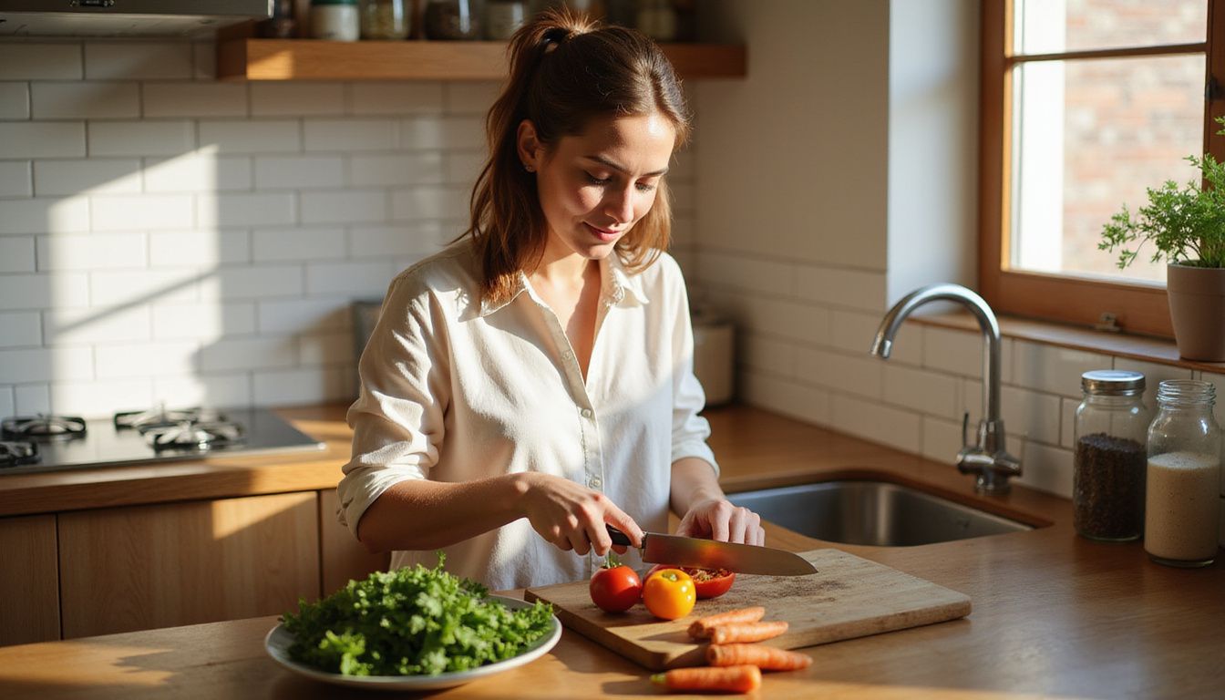 A woman washing and chopping vegetables on a bright kitchen counter.