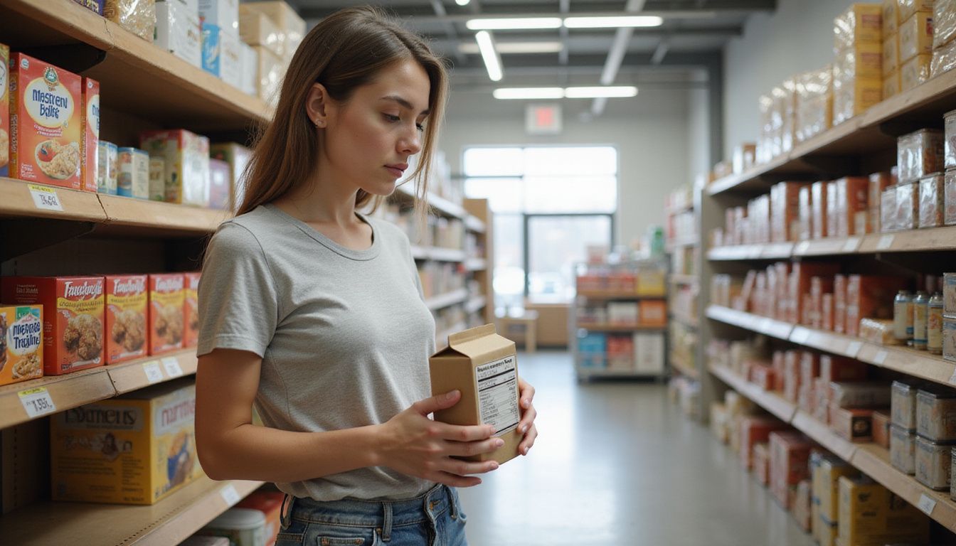 A shopper reviews a carton in a tidy grocery aisle.