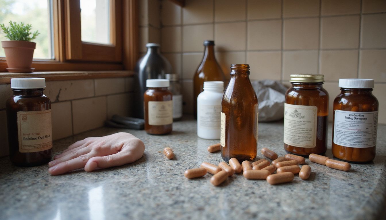 Kitchen counter with different bottles and tubs of supplements in various forms. Kitchen counter with different bottles and tubs of supplements in various forms.