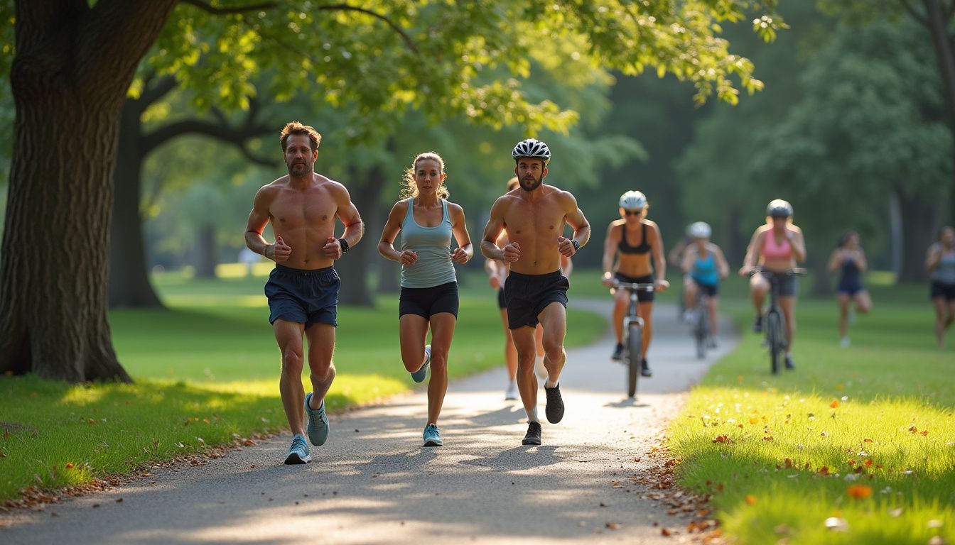 Adults jogging, cycling, and practicing yoga in a park, showing active lifestyles that support metabolism.