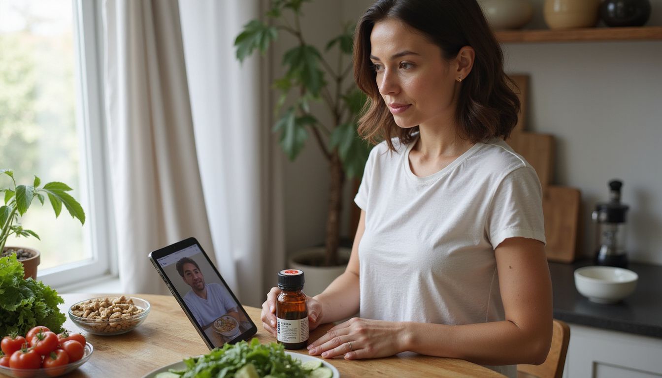 A woman reading on a tablet near fruits, vegetables, and water bottles.