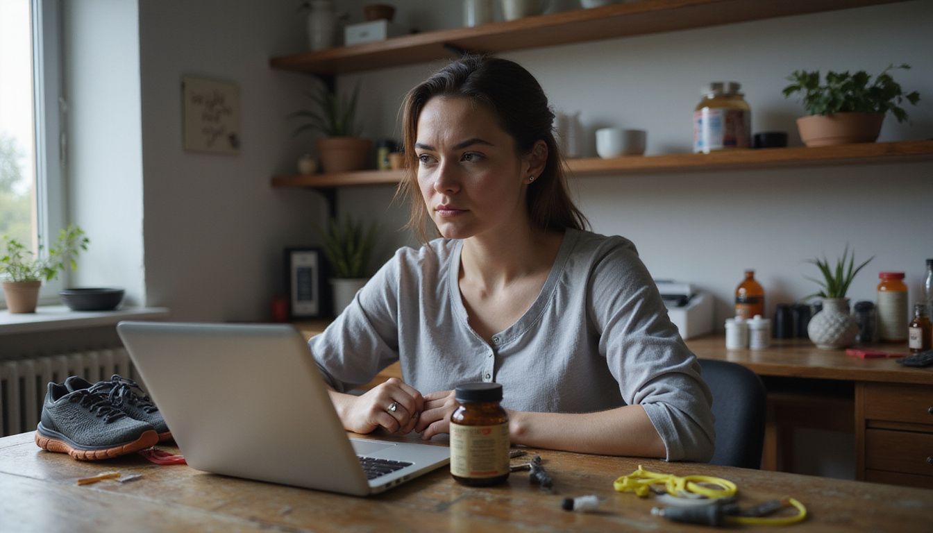 Woman at a cluttered desk sorting reviews for weight loss products.