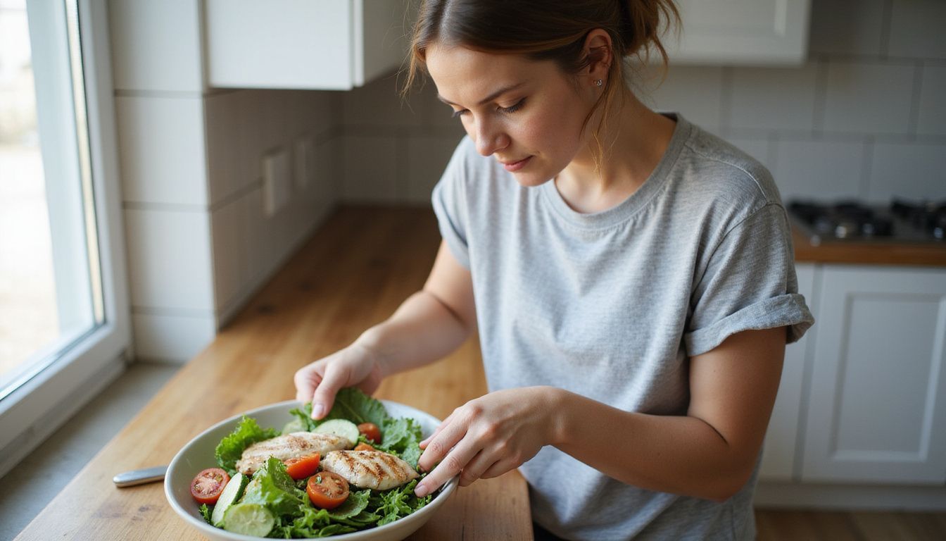 A woman assembles a green salad with fresh vegetables at a wooden counter.