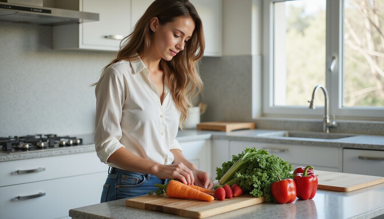 Woman sorting fresh fruits and vegetables on a kitchen island for weekly meal prep. Woman sorting fresh fruits and vegetables on a kitchen island for weekly meal prep.