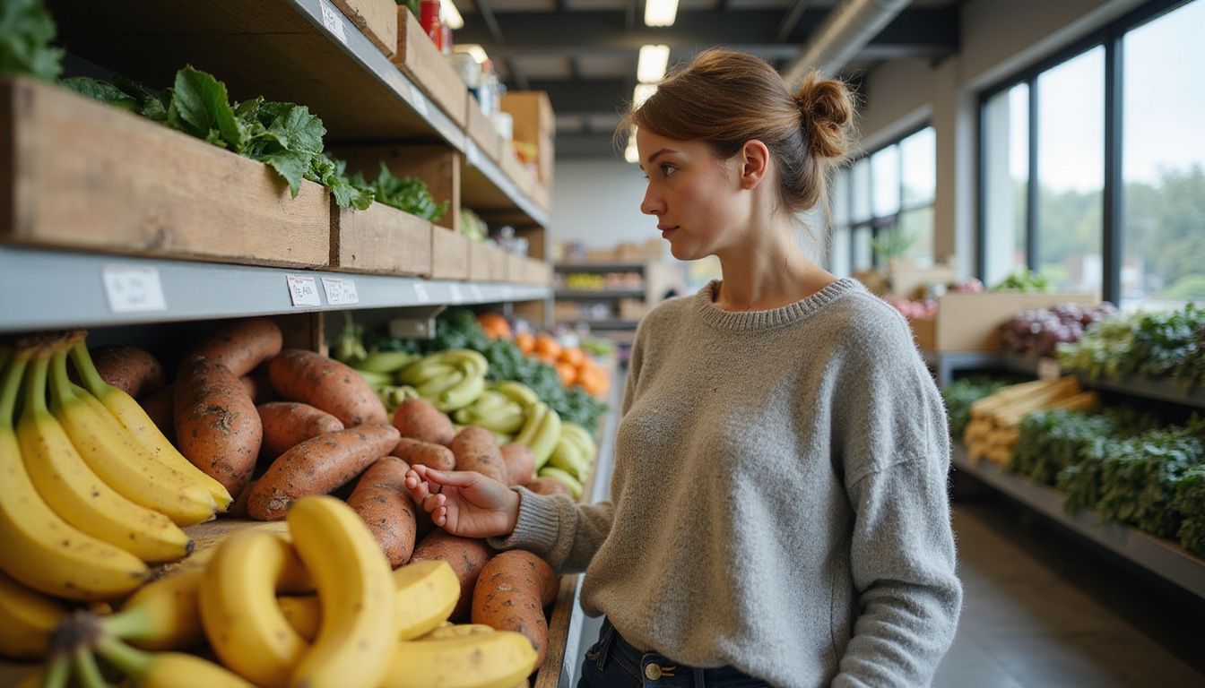 A shopper compares produce labels while choosing fresh fruit.
