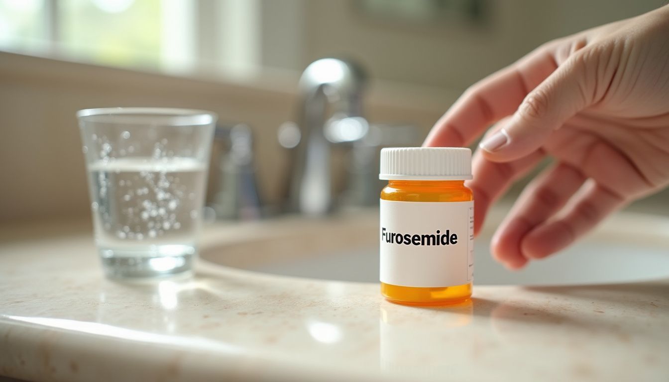 Hand reaching for a prescription pill bottle on a kitchen counter.