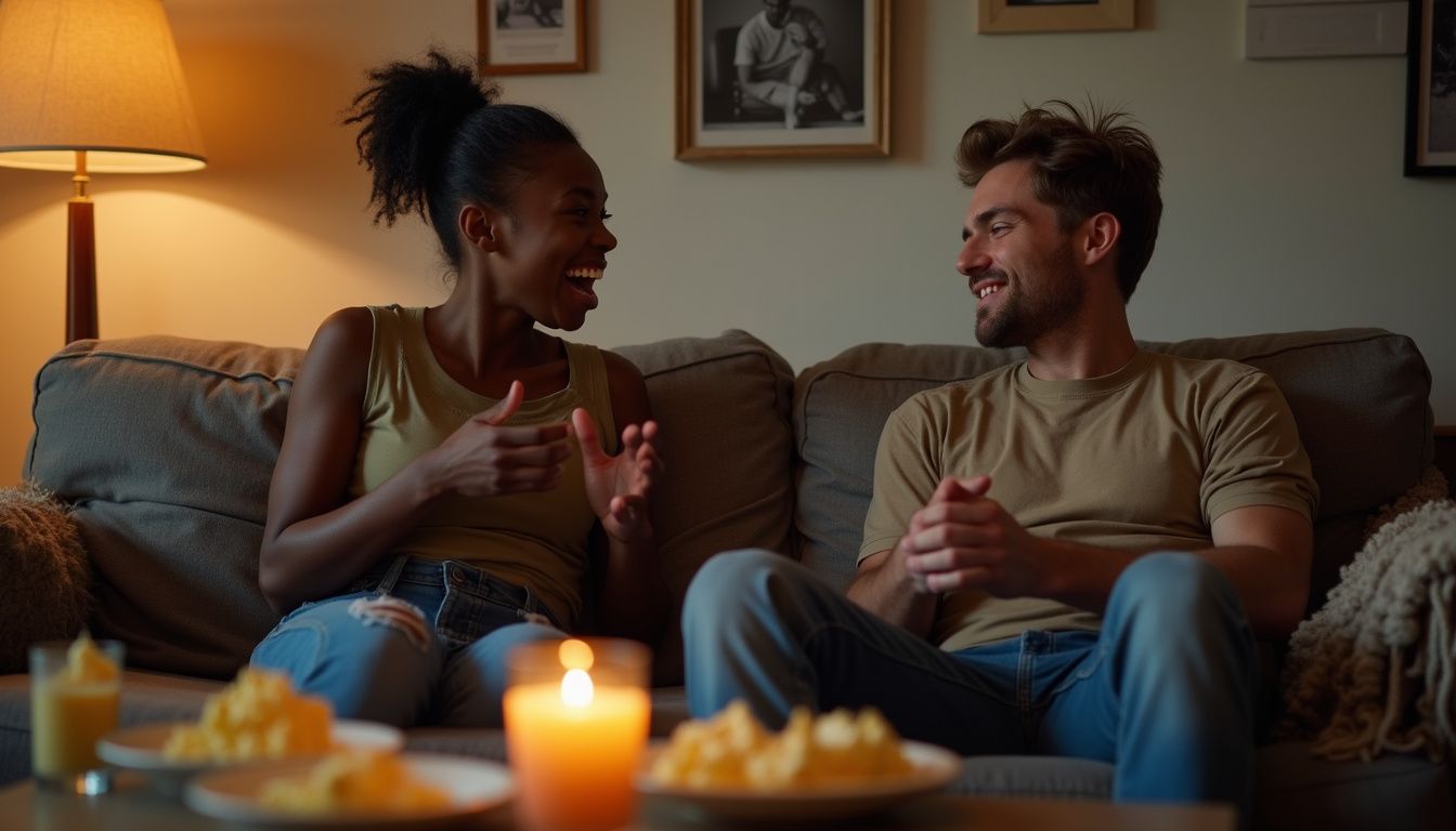 Two friends share a joyful conversation on a cozy sofa at home. Two friends share a joyful conversation on a cozy sofa at home.