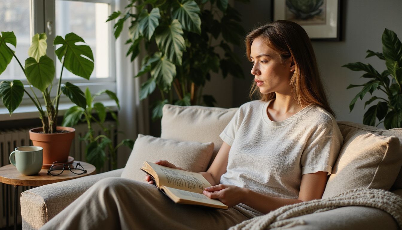 A reader on a cozy sofa, relaxing with a book among houseplants. A reader on a cozy sofa, relaxing with a book among houseplants.