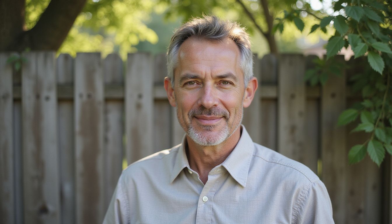 A middle-aged man smiling outdoors, looking confident and relaxed.