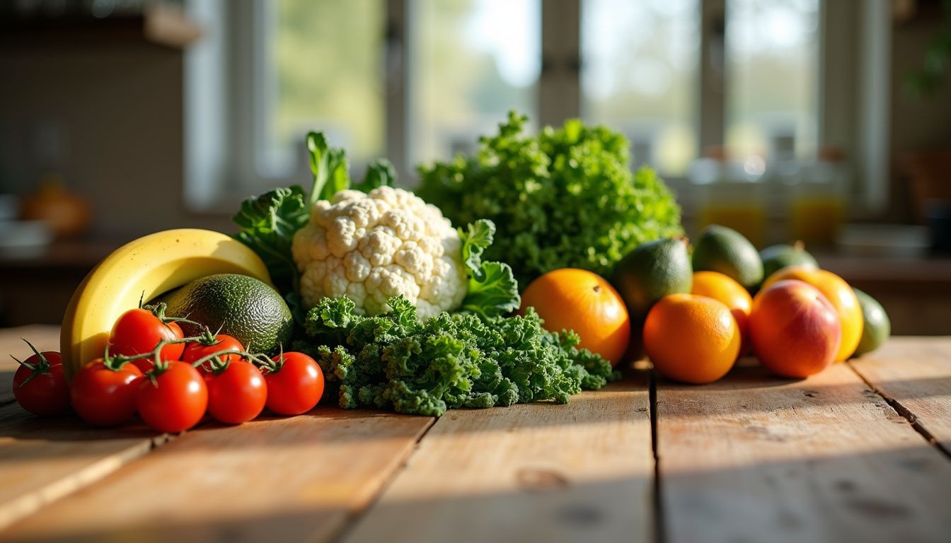 A rustic table covered with colorful produce, including leafy greens, tomatoes, and citrus. A rustic table covered with colorful produce, including leafy greens, tomatoes, and citrus.