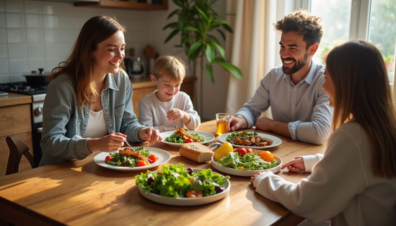 Family sharing a wholesome, balanced dinner at a rustic table.