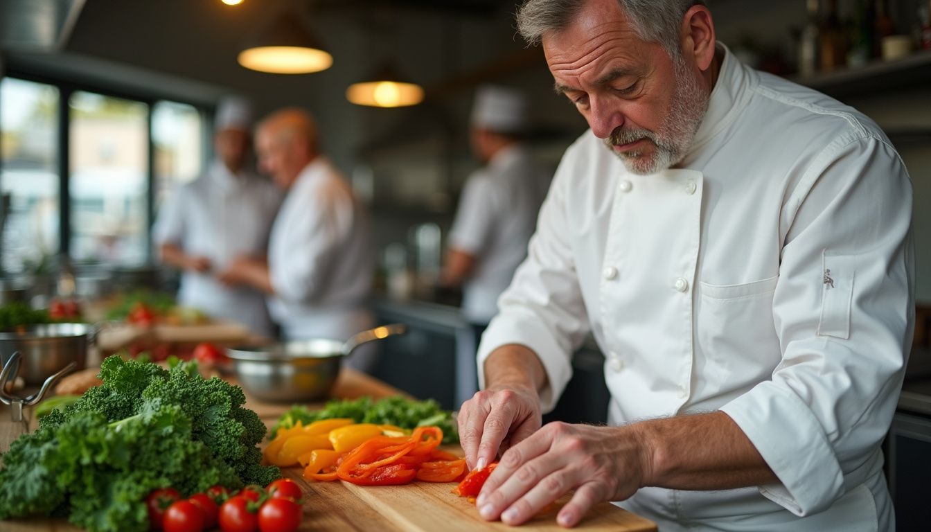Graham Elliot preparing vegetables on a busy set kitchen. Graham Elliot preparing vegetables on a busy set kitchen.