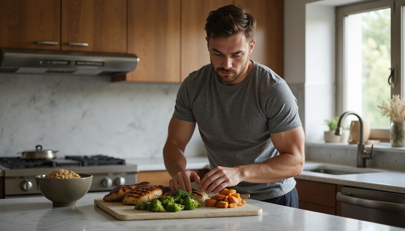 Person cooking a high-protein meal in a modern kitchen.