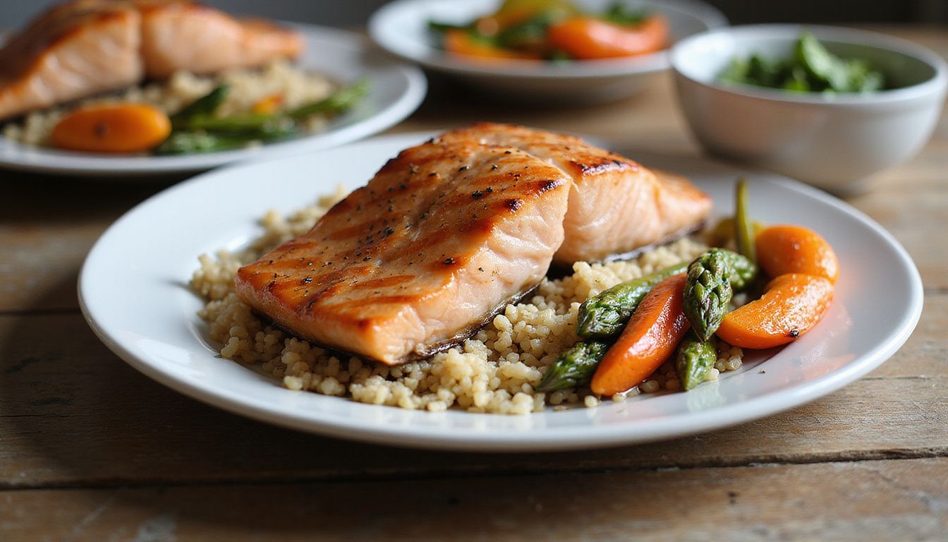 Plate with grilled salmon, quinoa, and roasted vegetables for a balanced meal. Plate with grilled salmon, quinoa, and roasted vegetables for a balanced meal.