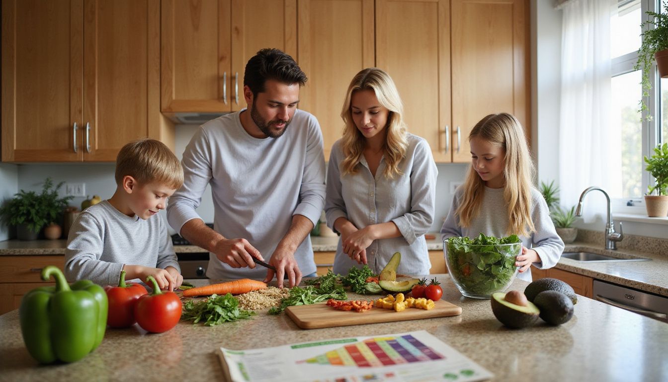 A family prepares a balanced meal with vegetables, grains, and lean protein.