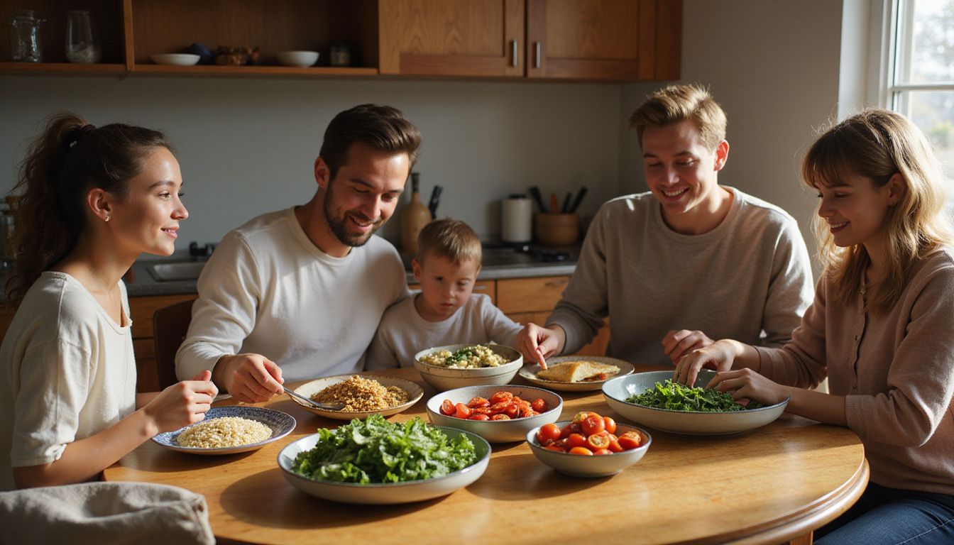 Family sharing a balanced dinner of vegetables, grains, and lean protein at a wooden table. Family sharing a balanced dinner of vegetables, grains, and lean protein at a wooden table.