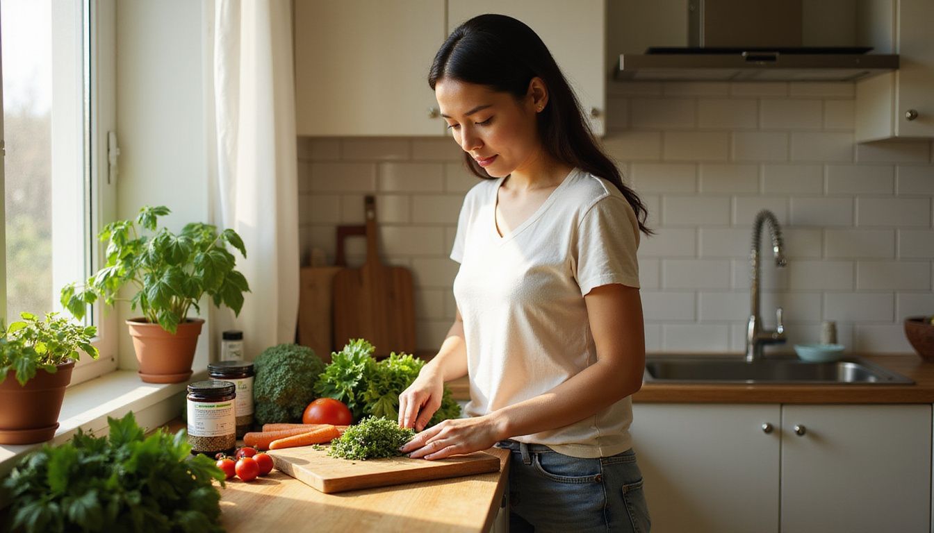 A home cook rinses fresh herbs beside a cutting board and glass jar.