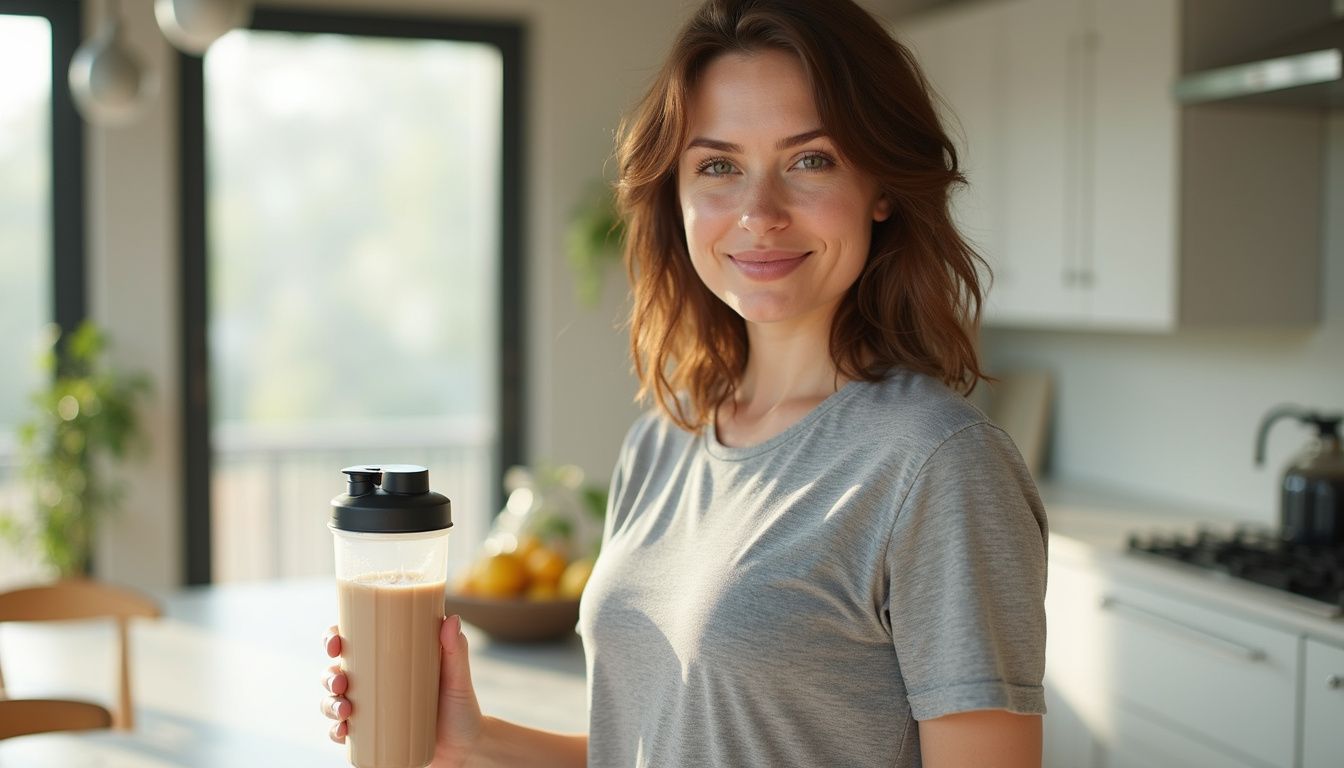 Smiling woman holding a meal replacement shake in a bright, modern kitchen.