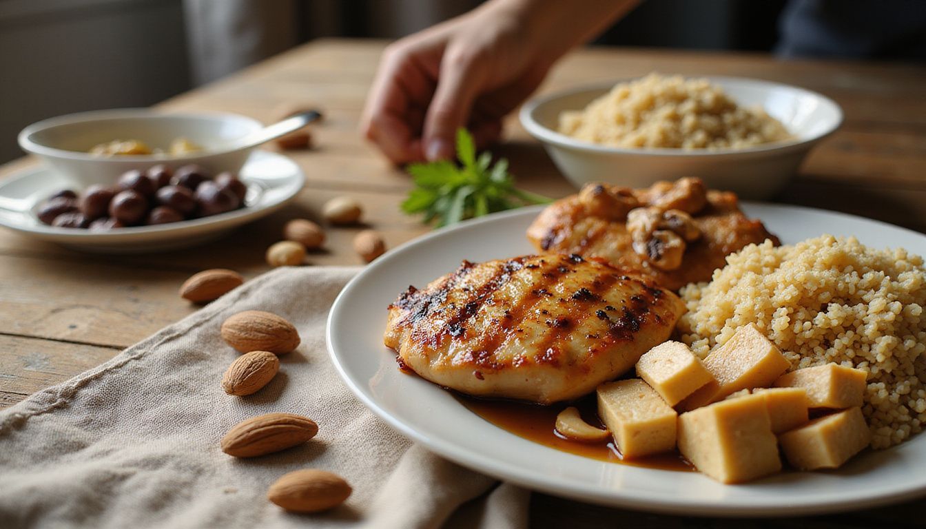 Protein-rich foods arranged on a wooden table, including fish, eggs, legumes, and nuts. Protein-rich foods arranged on a wooden table, including fish, eggs, legumes, and nuts.