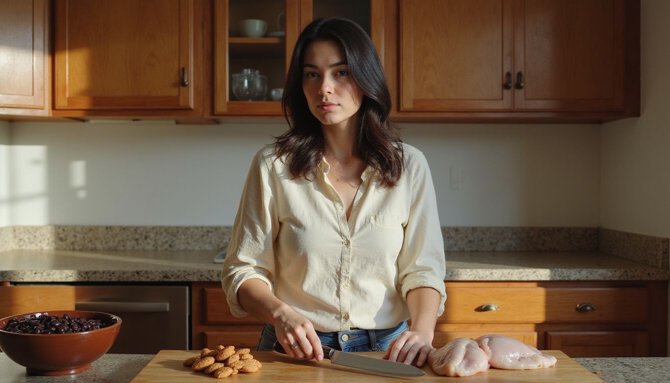 Home cook preparing a balanced, high-protein meal in a bright kitchen.