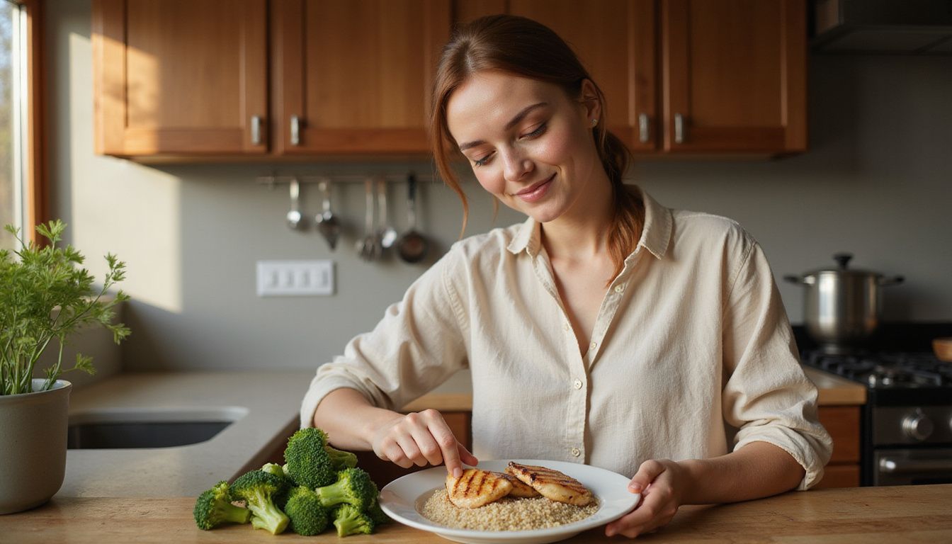A home cook preparing a lean, protein-focused meal with colorful produce. A home cook preparing a lean, protein-focused meal with colorful produce.