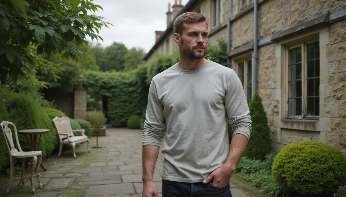 Hugh Bonneville standing in a green English garden, looking thoughtful.