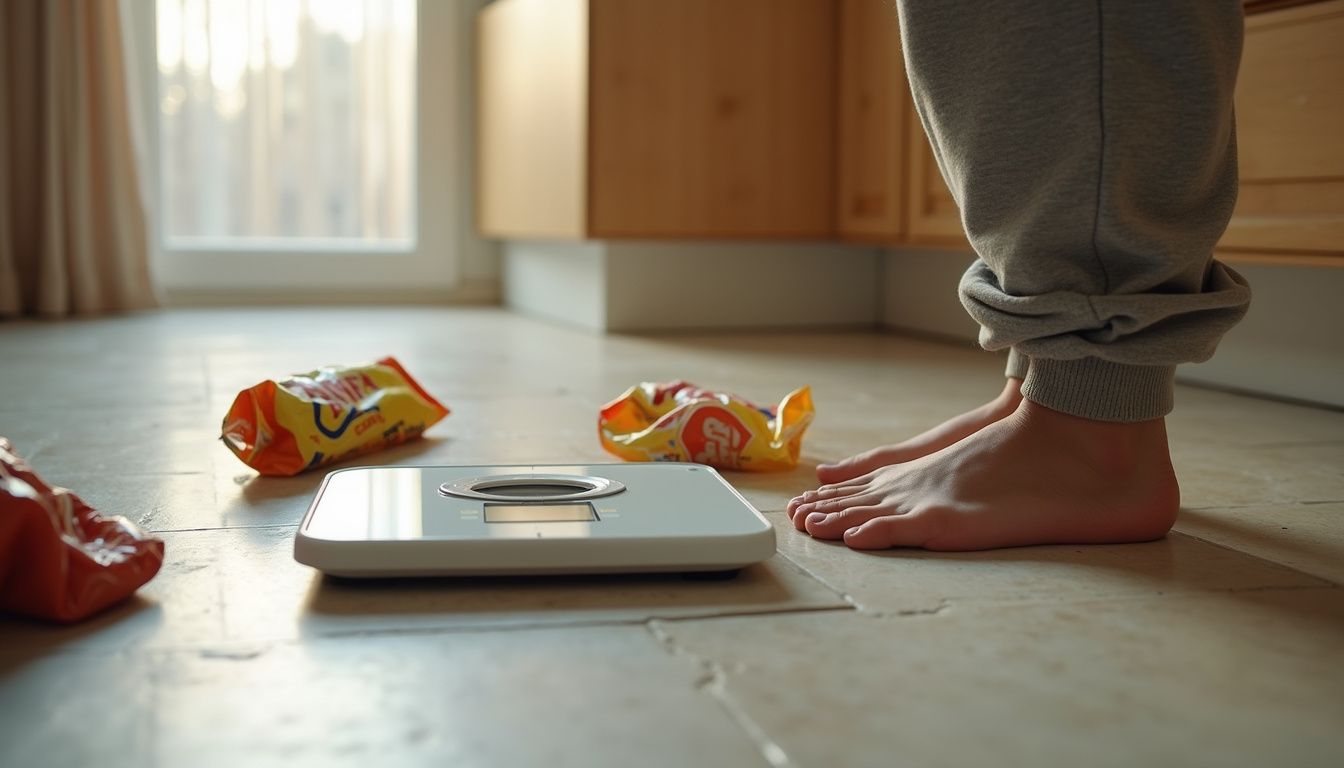 Bathroom scale on a kitchen floor surrounded by empty snack bags. Bathroom scale on a kitchen floor surrounded by empty snack bags.