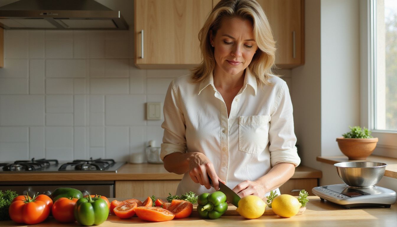 A woman in a modern kitchen preparing colorful vegetables for a healthy meal. A woman in a modern kitchen preparing colorful vegetables for a healthy meal.