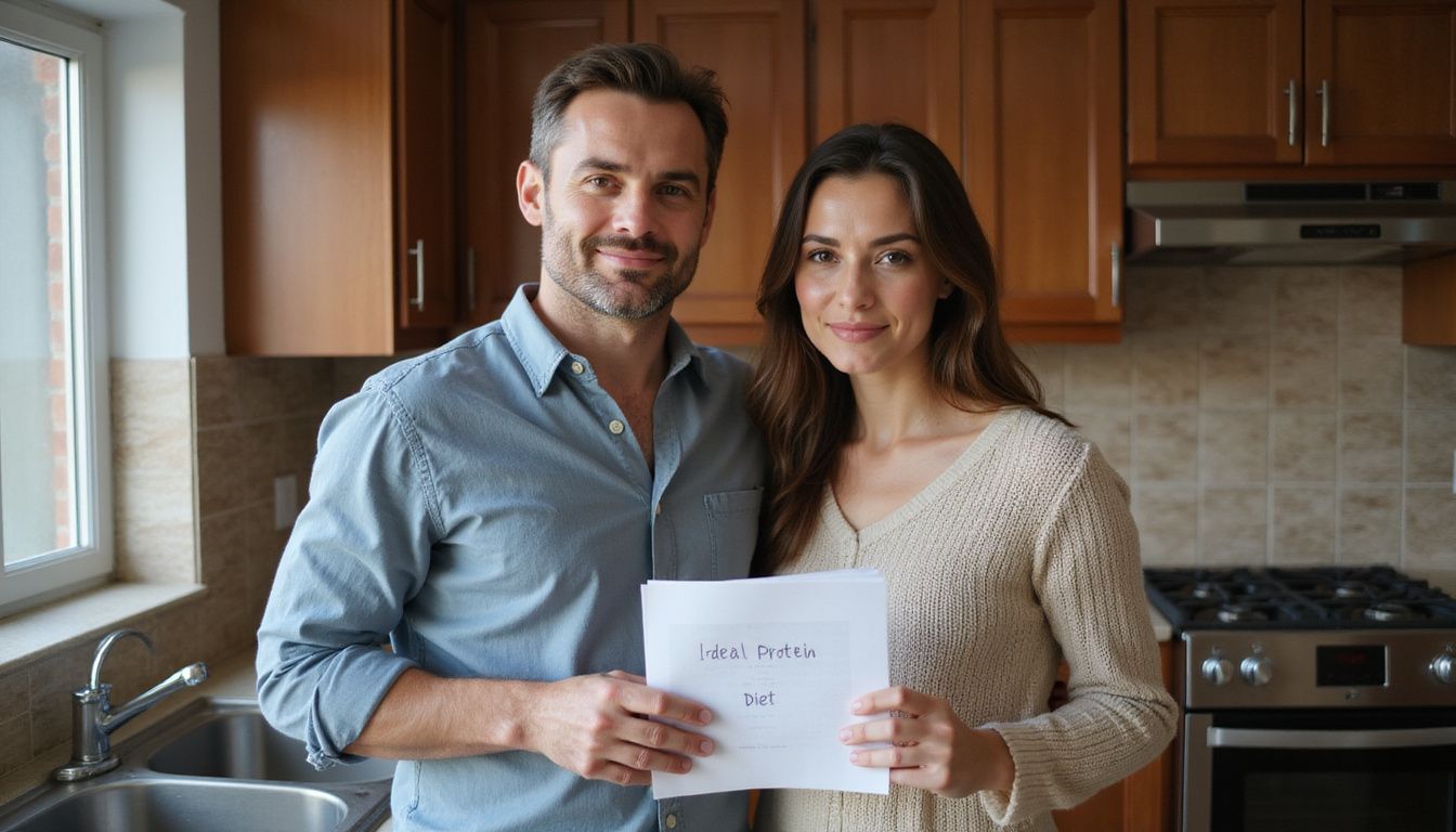 A couple in a kitchen reviewing diet program materials together.