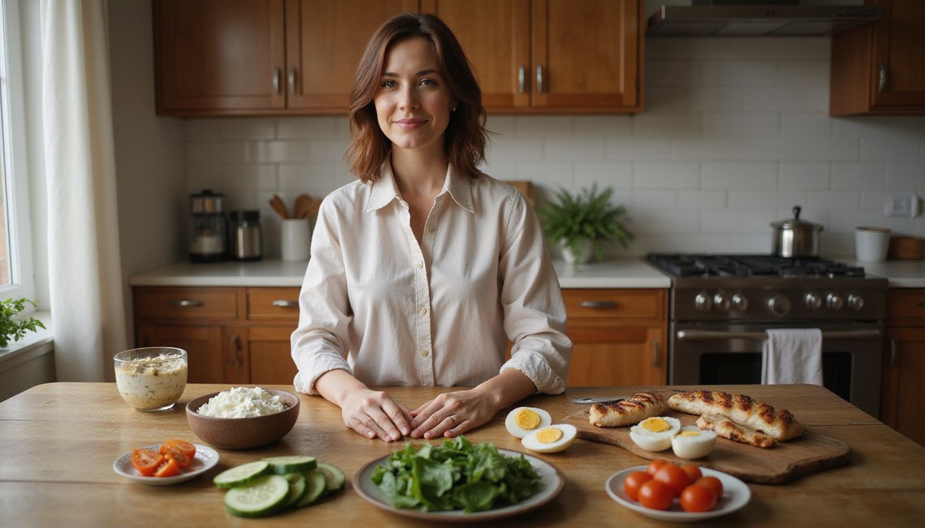 Woman preparing a balanced high-protein meal in a modern kitchen. Woman preparing a balanced high-protein meal in a modern kitchen.