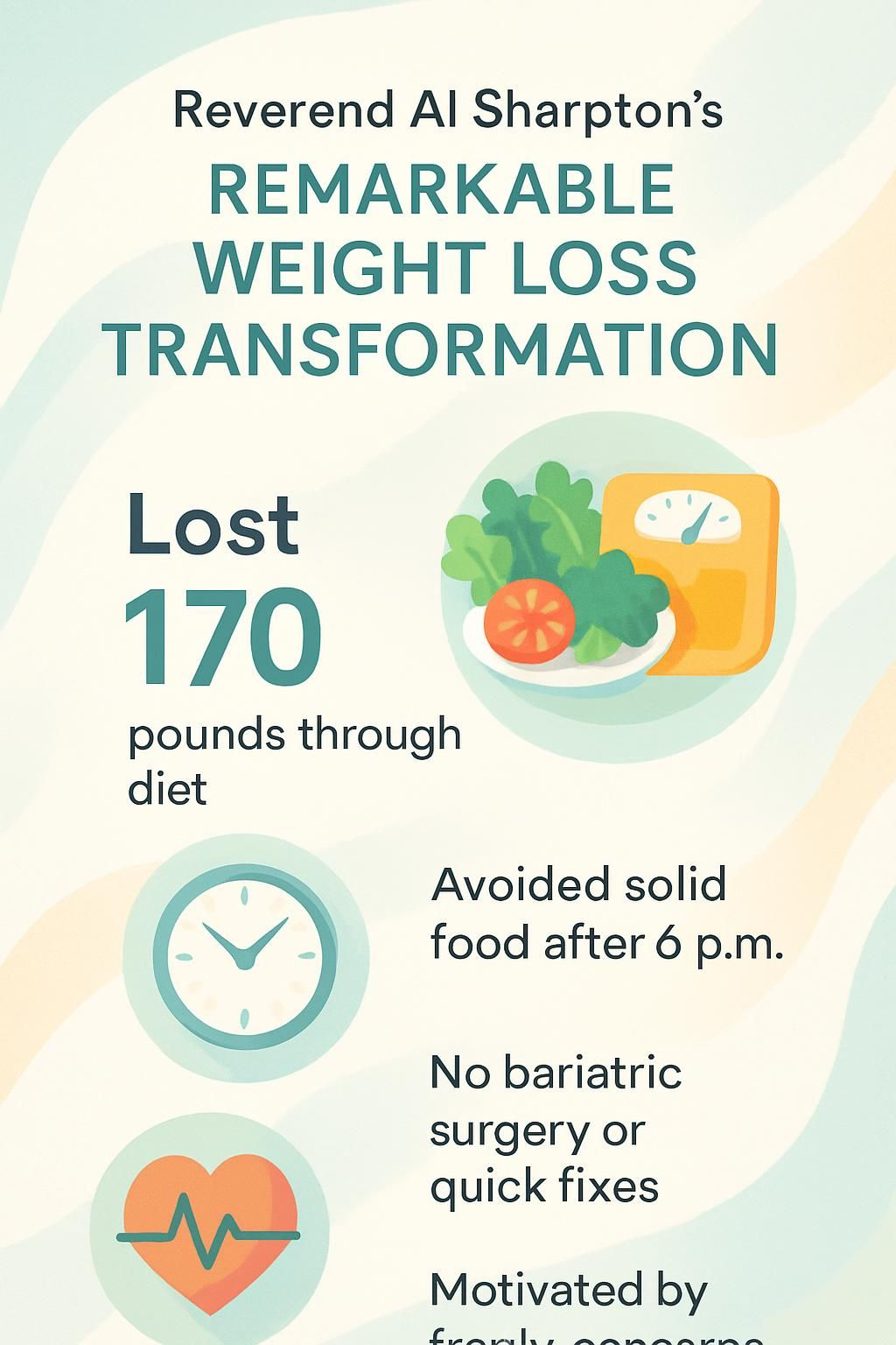 Infographic showing milestones in Reverend Al Sharpton’s weight loss.