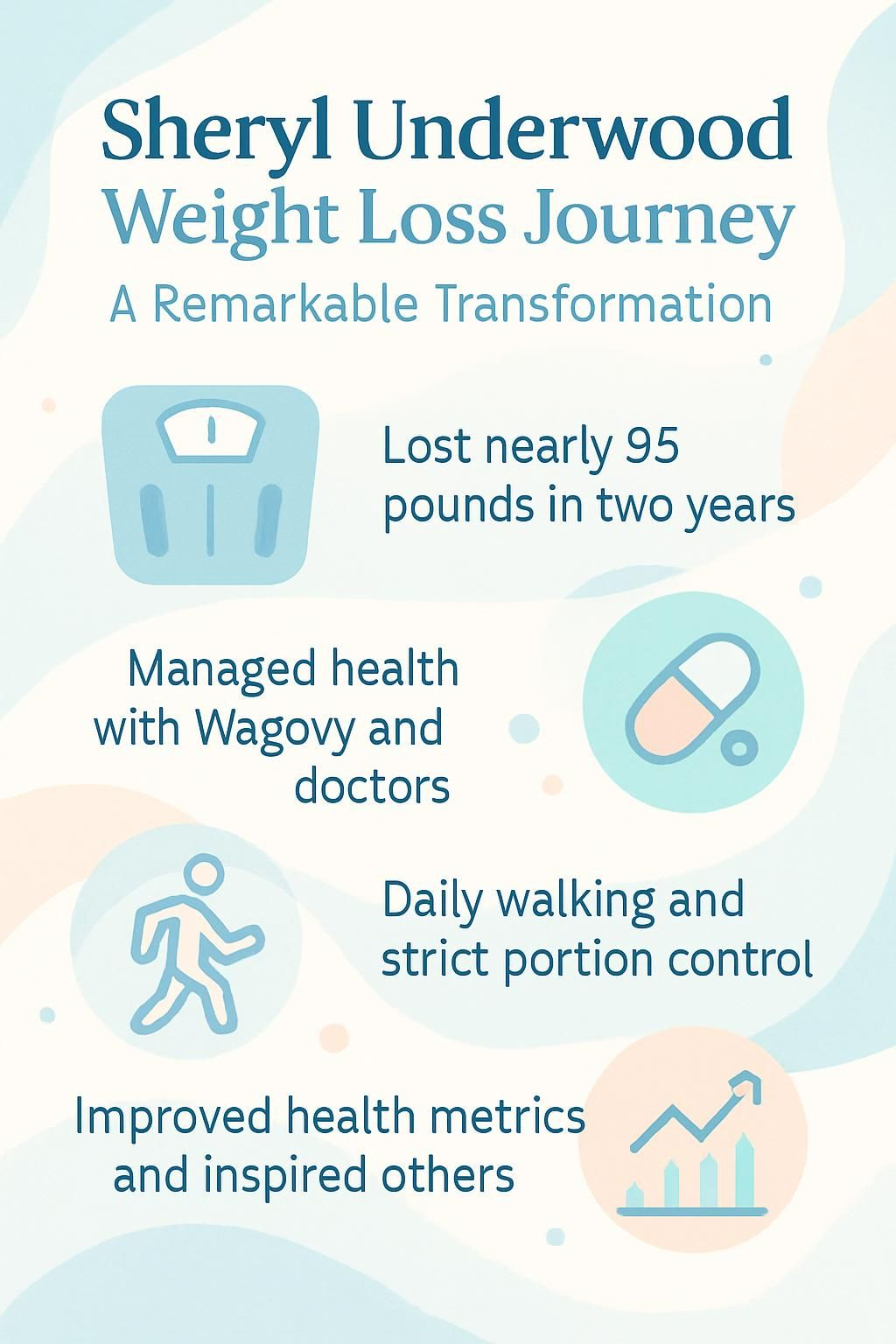Infographic summarizing Sheryl Underwood’s weight loss milestones and healthy habits. Infographic summarizing Sheryl Underwood’s weight loss milestones and healthy habits.