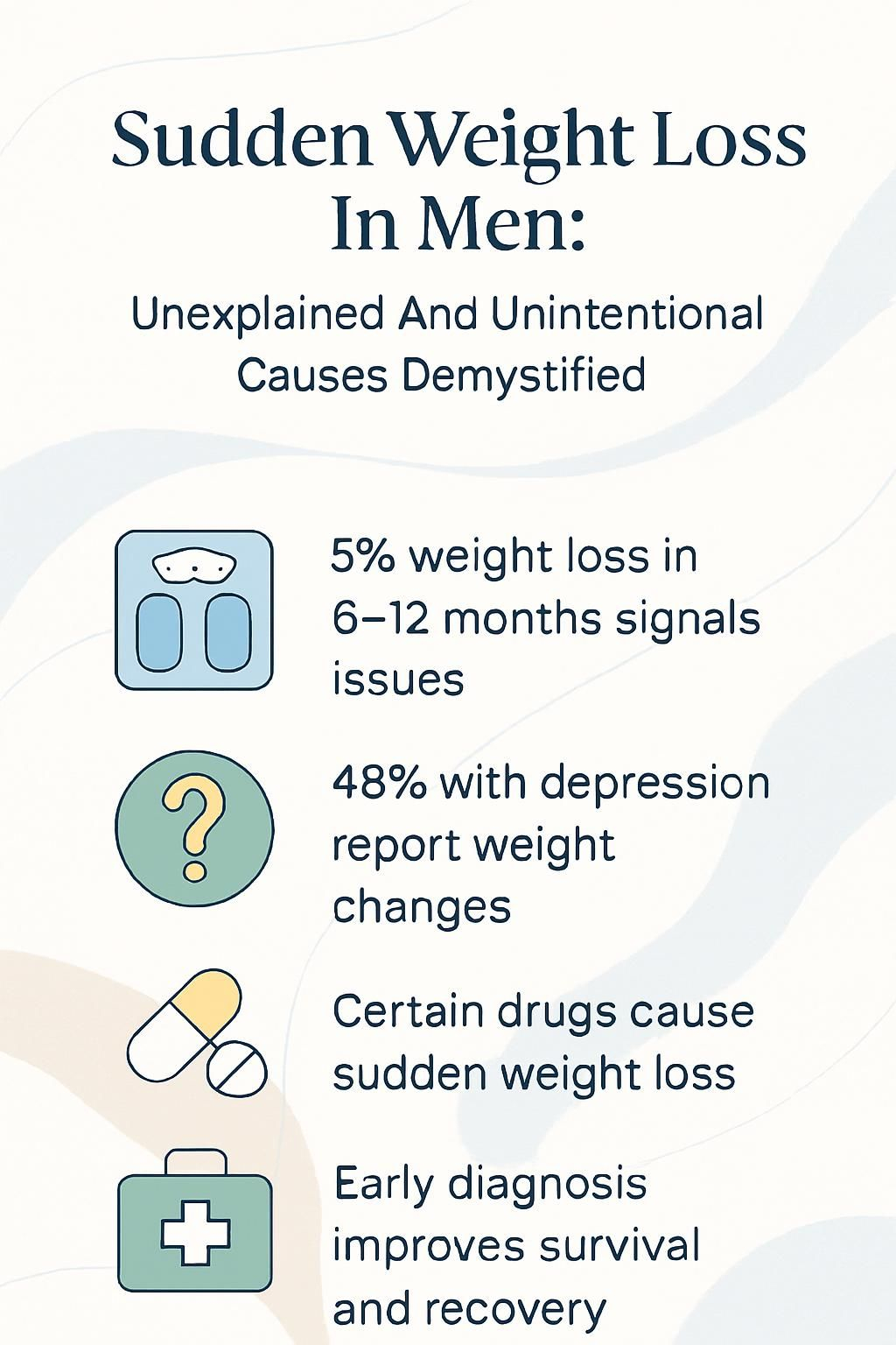 Infographic outlining causes, symptoms, and steps for unexplained weight loss in men.