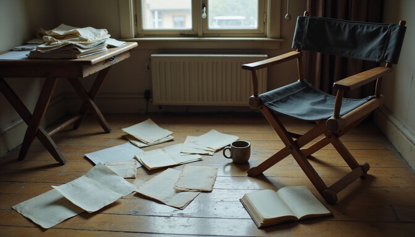 Audition room with scripts, camera, and notes on a desk
