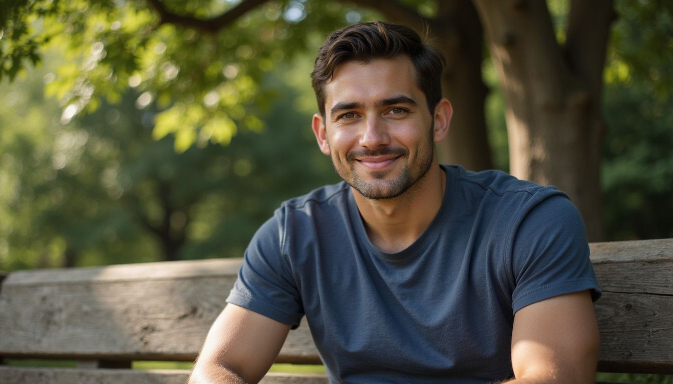 Jacob Batalon seated on a park bench, relaxed and smiling.