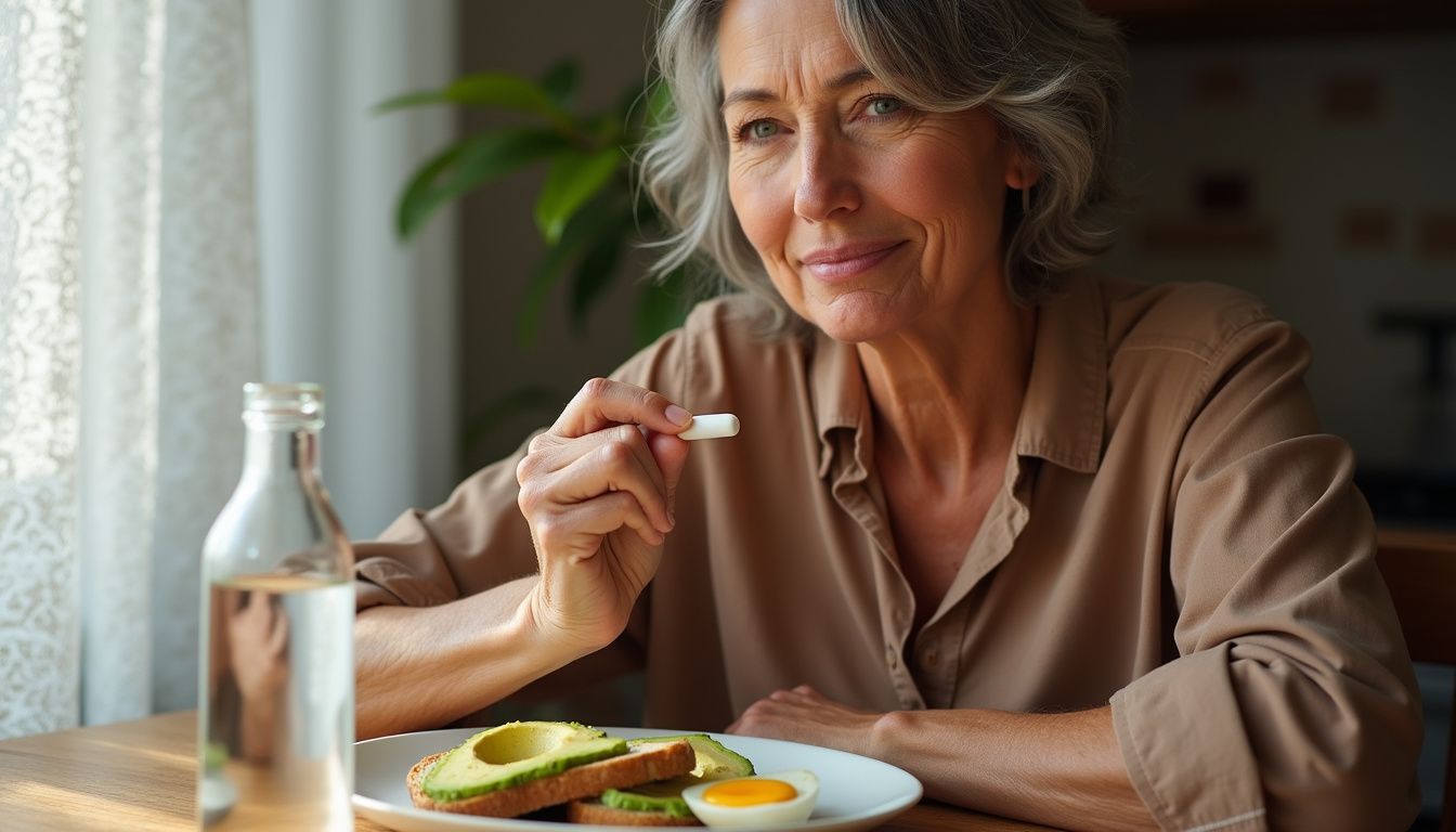 A woman sets out a simple breakfast at a rustic kitchen table. A woman sets out a simple breakfast at a rustic kitchen table.