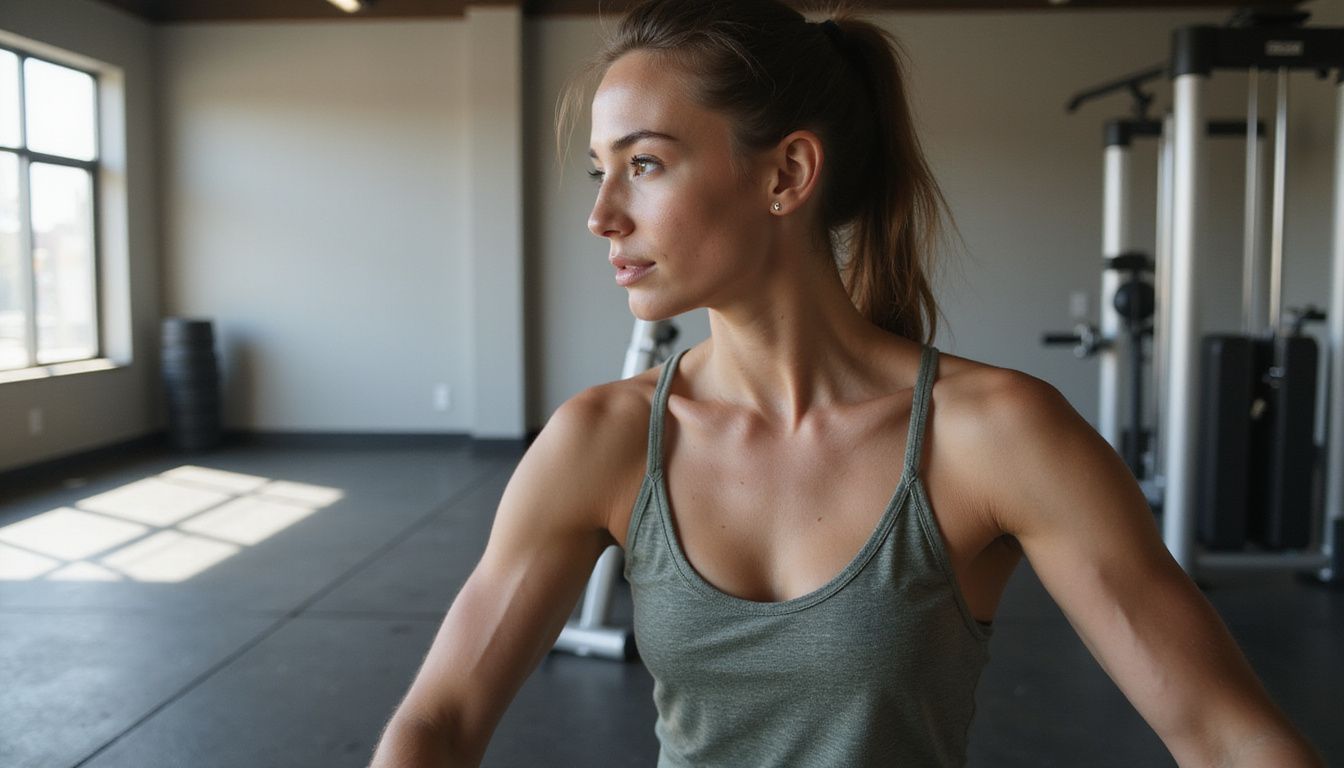 Jazz Jennings focusing on form during a light workout in a simple gym setting. Jazz Jennings focusing on form during a light workout in a simple gym setting.