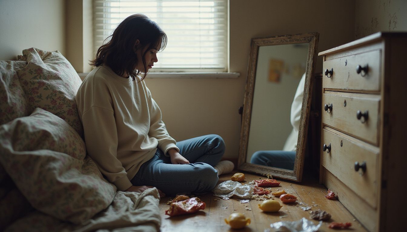 A thoughtful teen sits in a cluttered bedroom, reflecting on health and life.
