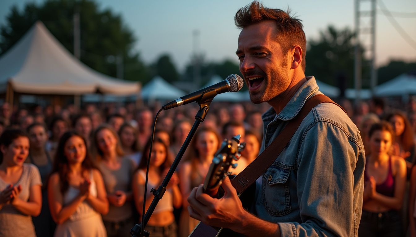 A performer sings on a large outdoor stage in front of a festival crowd. A performer sings on a large outdoor stage in front of a festival crowd.