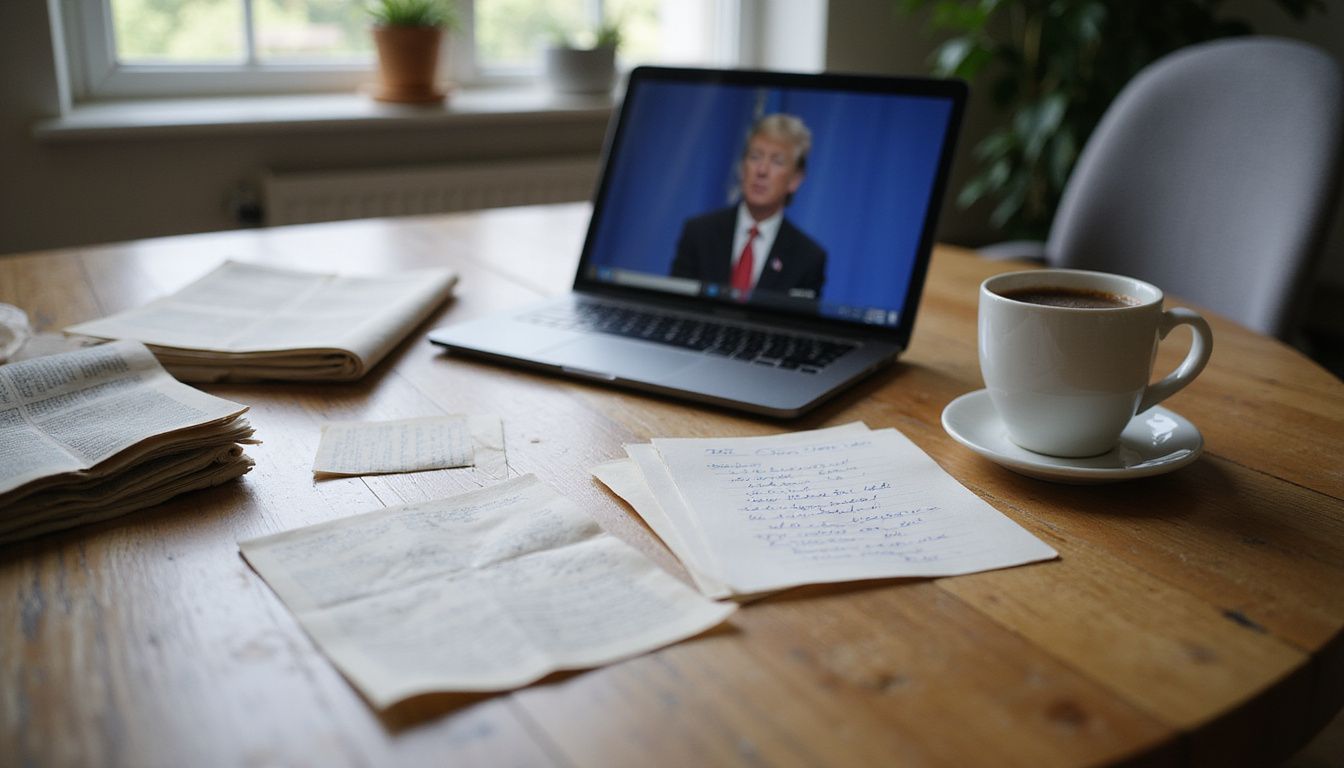 Newsroom essentials on a desk, including laptop, coffee, and newspapers, ready for a briefing.