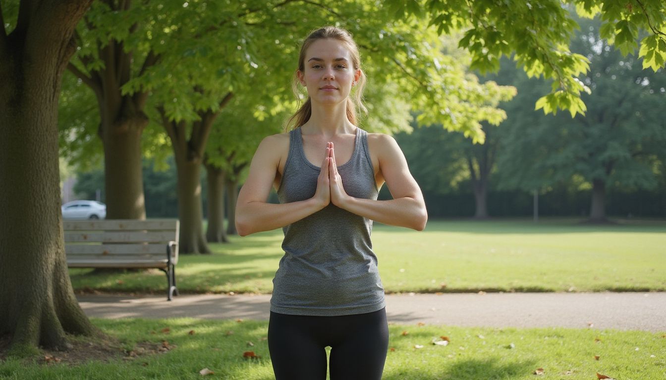A woman holds a yoga pose on grass in a quiet park, focusing on balance and breath. A woman holds a yoga pose on grass in a quiet park, focusing on balance and breath.