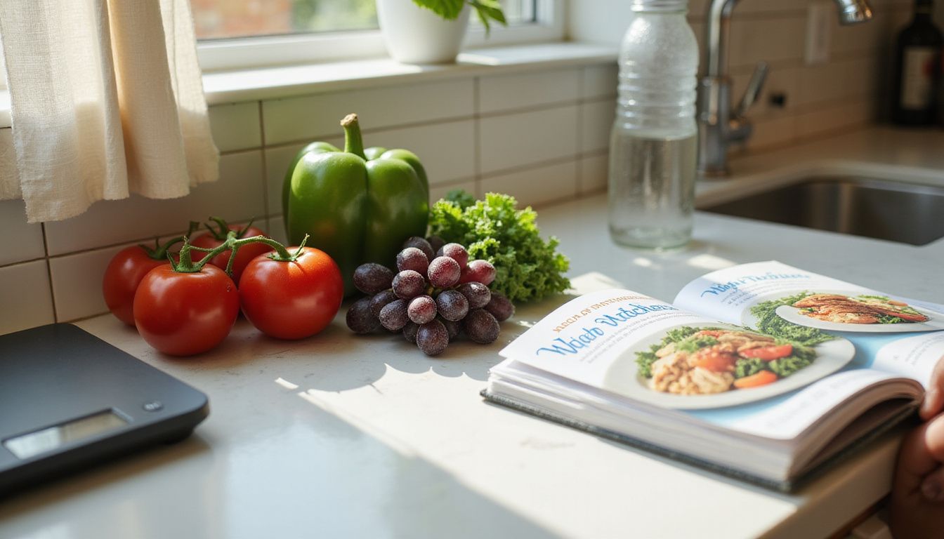 A bright kitchen counter with fresh produce and an open cookbook, ready for meal prep.