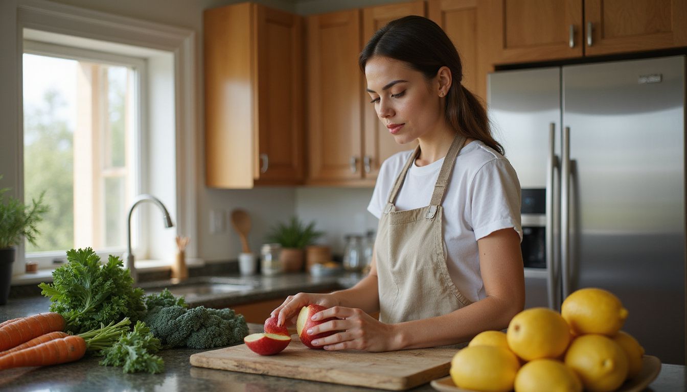Close-up of hands chopping spinach, apples, and celery for a fresh juice.