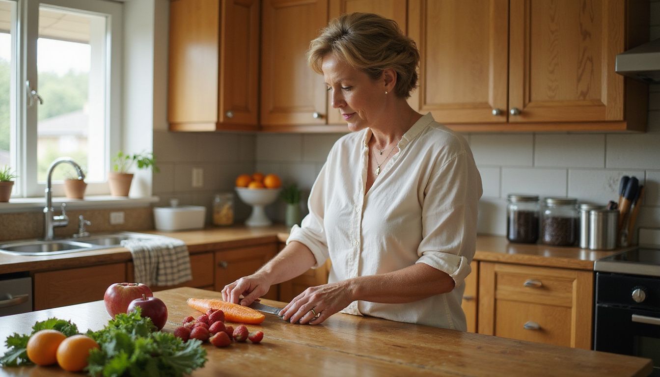 Focused home cook slicing vegetables before making a fresh drink. Focused home cook slicing vegetables before making a fresh drink.