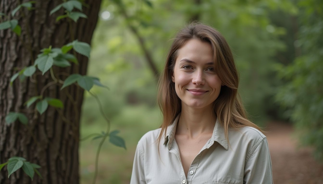 Keely Shaye Smith standing in a quiet forest, facing the camera with calm expression. Keely Shaye Smith standing in a quiet forest, facing the camera with calm expression.