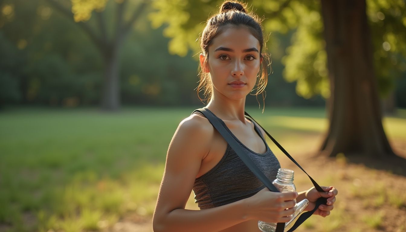 Outdoor workout scene with a woman focusing on fitness and form.