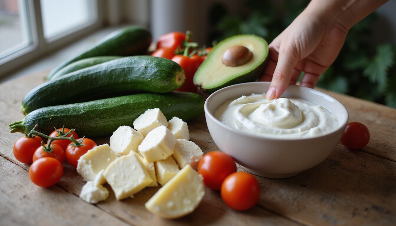 Low-carb vegetables, cheeses, and oils arranged for a ketogenic meal plan.