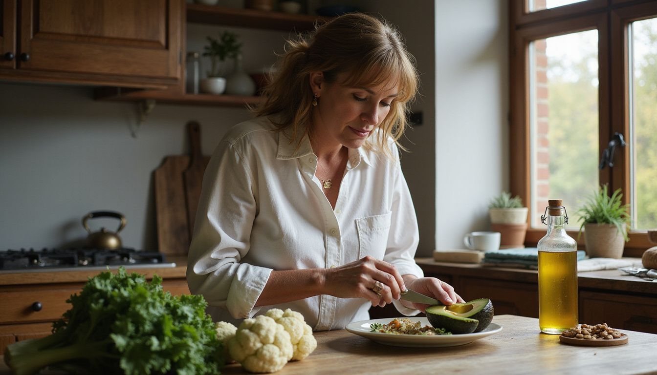 Home cook slicing avocado and leafy greens for a low-carb keto meal.