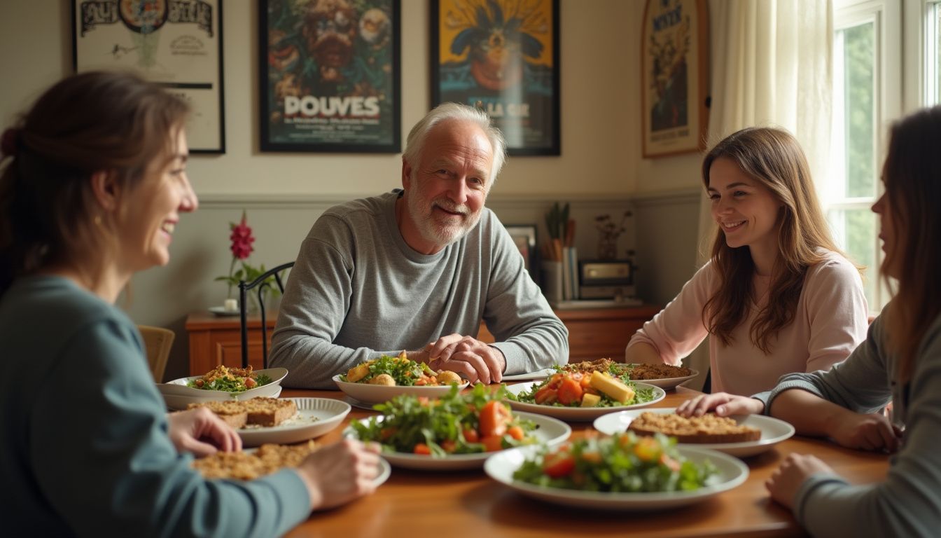 Kevin Smith sharing a relaxed plant-based meal with his family at home.